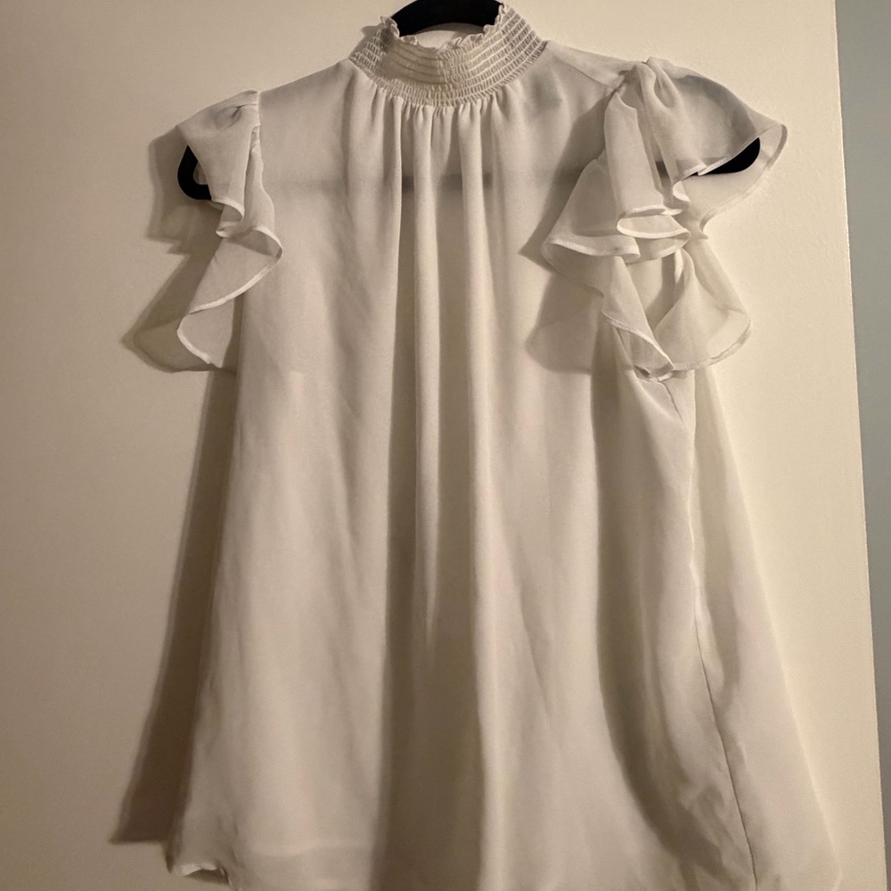 1.STATE White Ruffle Sleeve Blouse Mock Neck Feminine Size M
